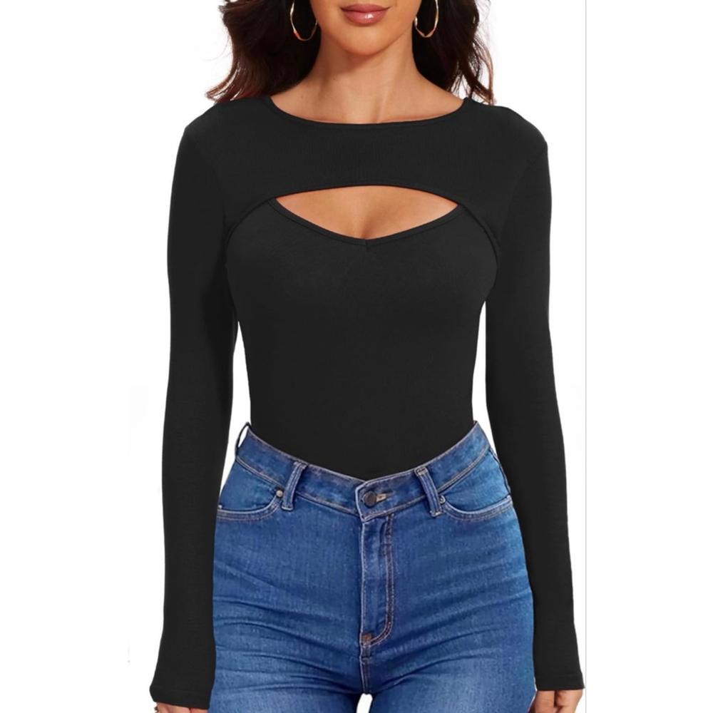 NEW Black Ribbed Bodysuit Ribbed Cut Out Long Sleeve L